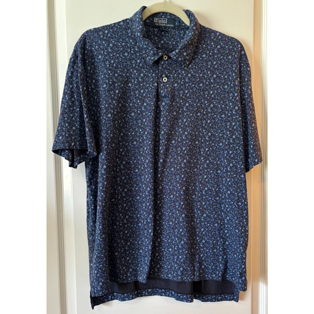 Vintage Polo by Ralph Lauren Mens Camp Shirt Blue Floral Polo Large 100% Cotton